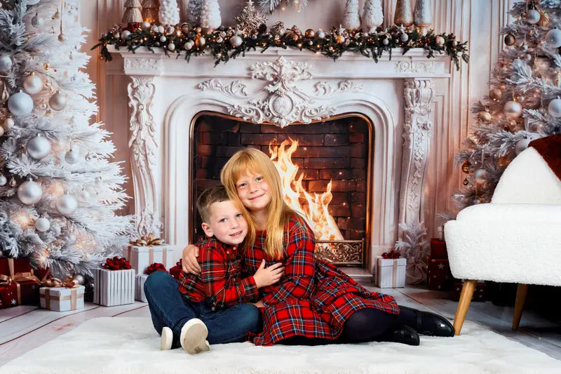 Kate Christmas Fireplace White Trees Gifts Backdrop Designed by Emetselch -UK