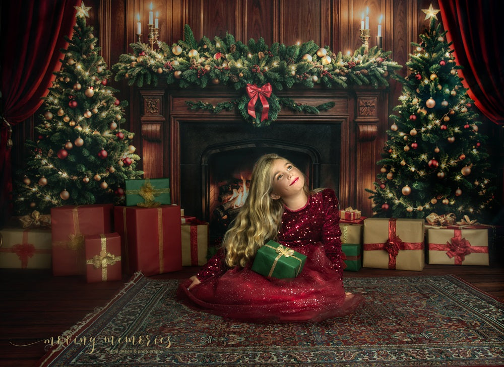 Lightning Deals Kate Christmas Fireplace Tree Retro Wall Backdrop+Brown Wood Texture Floor Backdrop -UK