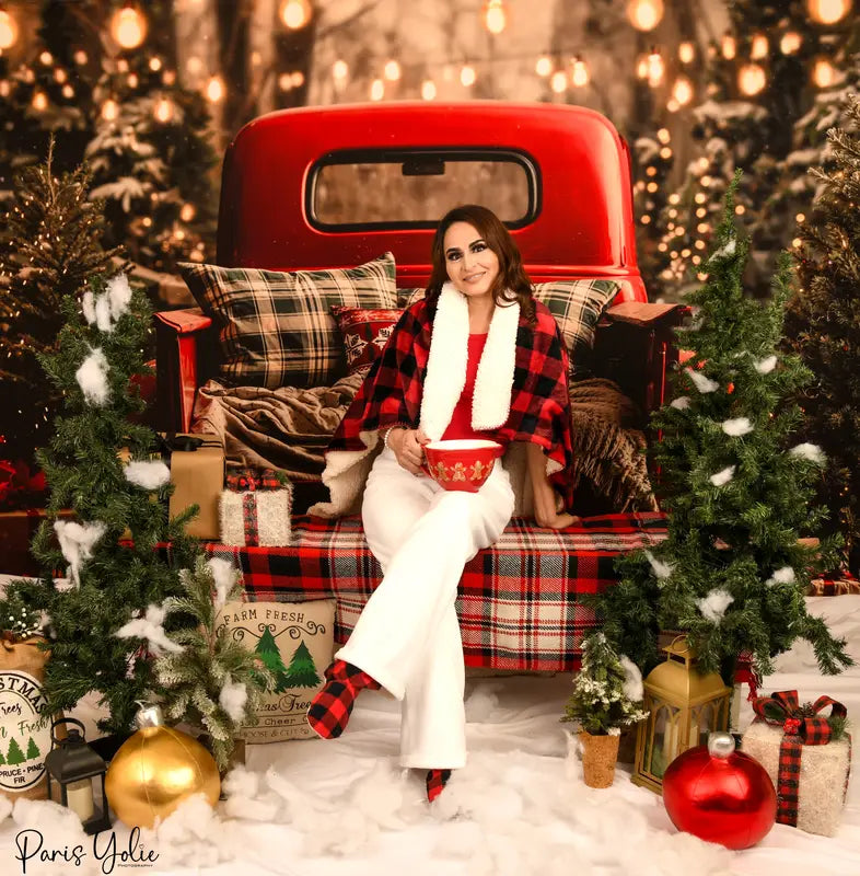 Kate Christmas Truck Snowy Trees Presents Fleece Backdrop Designed by Emetselch -UK