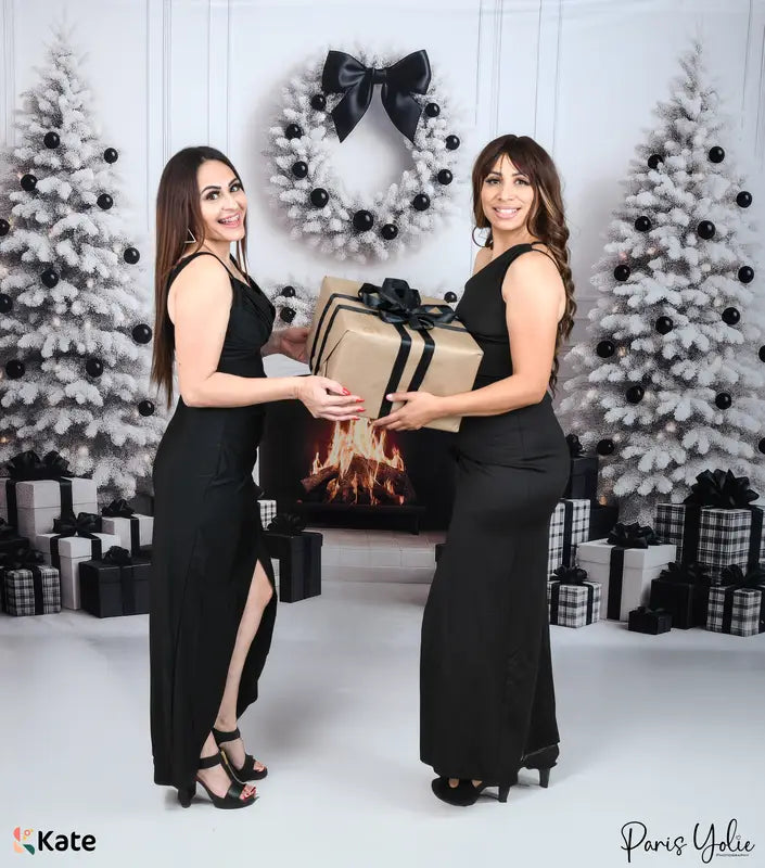 Kate Christmas White Trees Fireplace Black Presents Backdrop Designed by Ashley Paul -UK