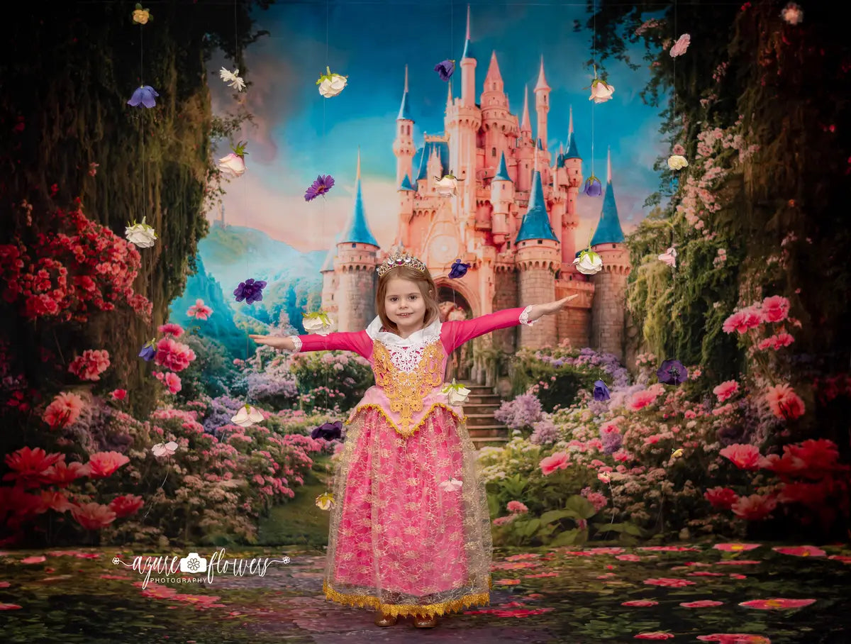 Kate Spring Fantasy Forest Flower Castle Backdrop+Pink Rose Stone Floor Backdrop