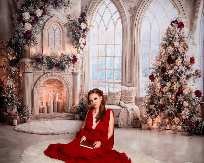 Kate Christmas Tree Roses Fireplace Arched Window Backdrop Designed by Emetselch