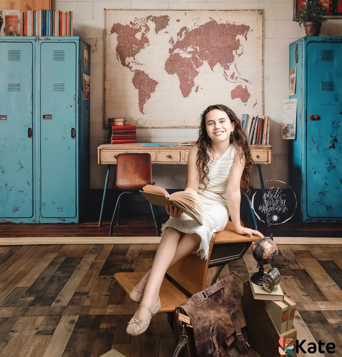 Kate Back To School Vintage Blue Locker Map Backdrop Designed by Emetselch
