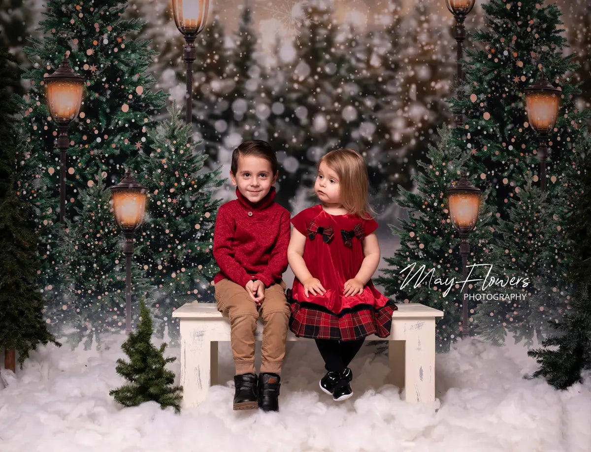 Kate Christmas Snow Forest Lights Fleece Backdrop for Photography