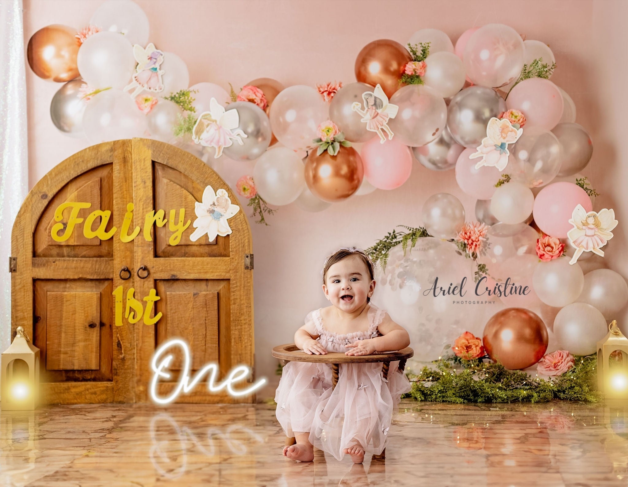 Kate Pink White Rose Gold Balloon Arch Backdrop Designed by Mandy Ringe Photography -UK
