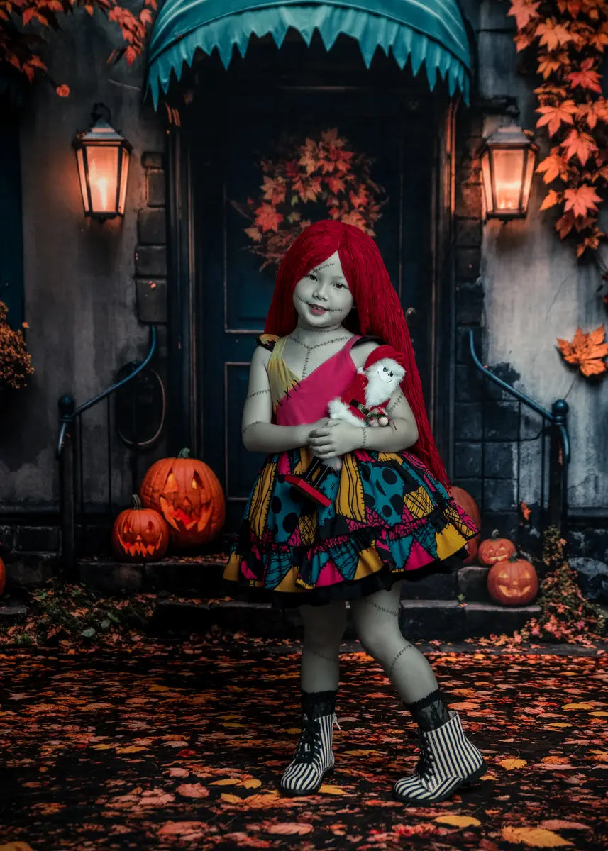 Kate Autumn Halloween Maple Leaf House Backdrop+Fallen Leaves Floor Backdrop