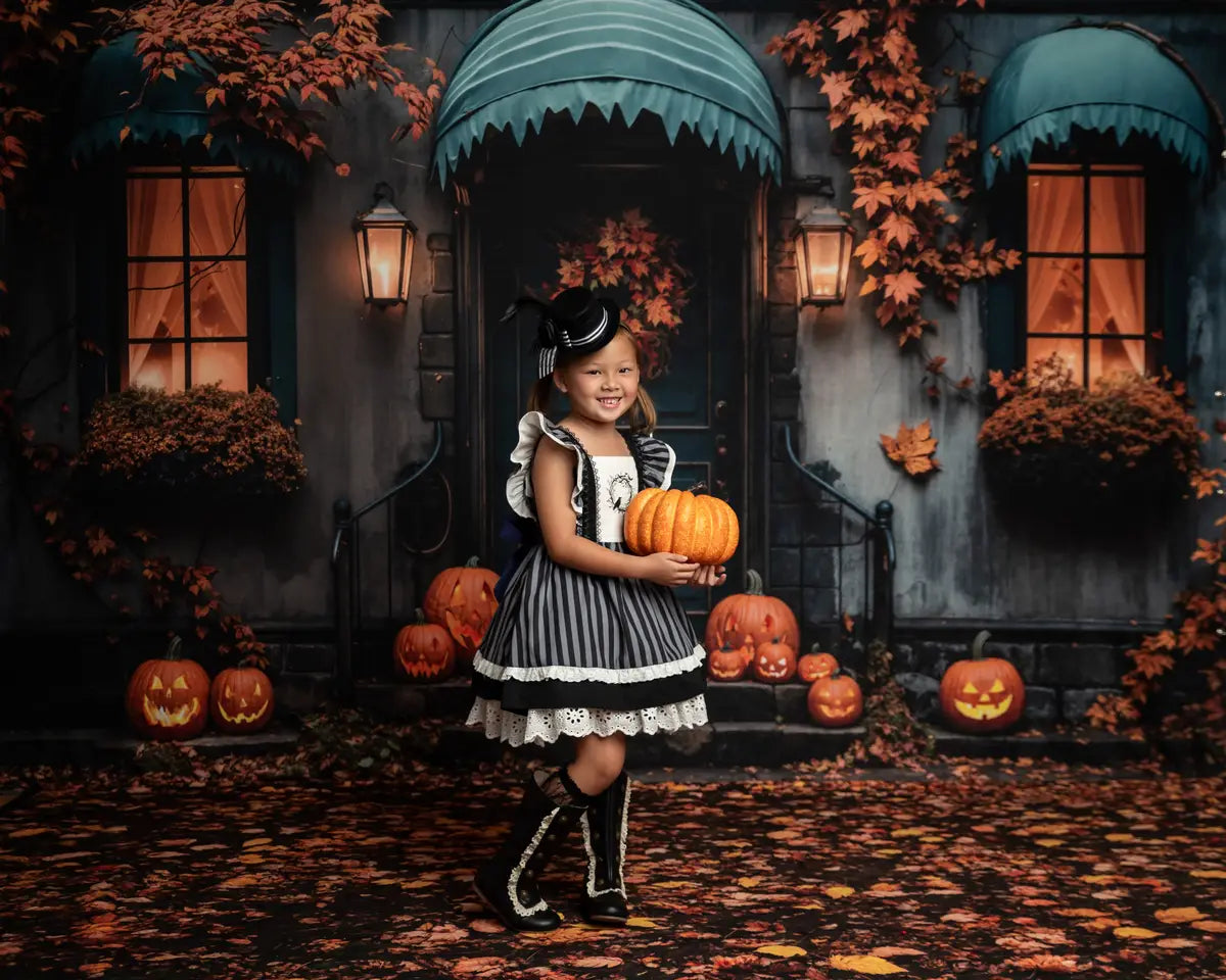 Kate Autumn Halloween Maple Leaf House Backdrop+Fallen Leaves Floor Backdrop