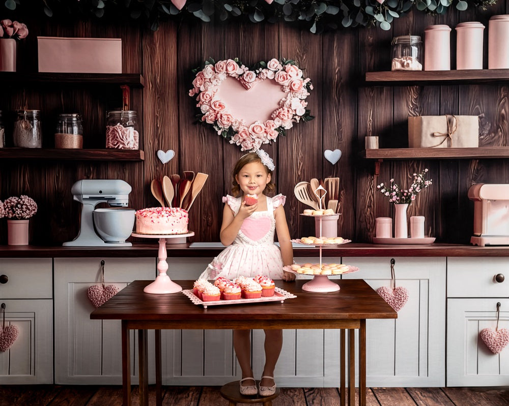 Kate Valentine's Day Pink Kitchen Hearts Backdrop Designed by Patty Robert -UK