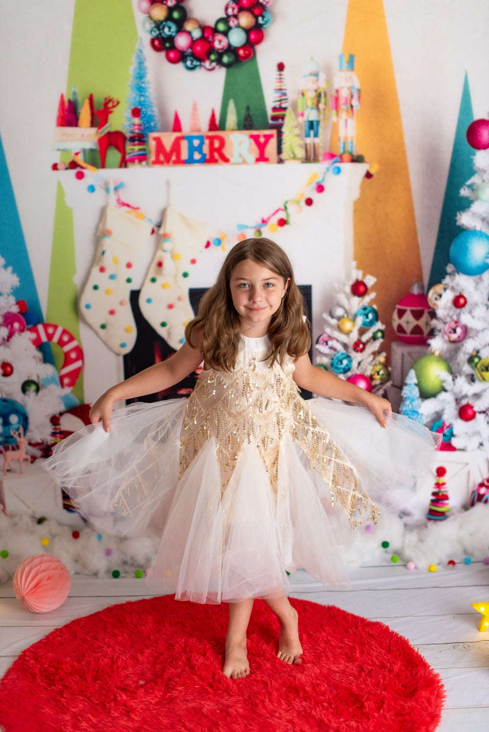 Kate Christmas Fireplace Bright Decorations Backdrop Designed by Mandy Ringe Photography -UK