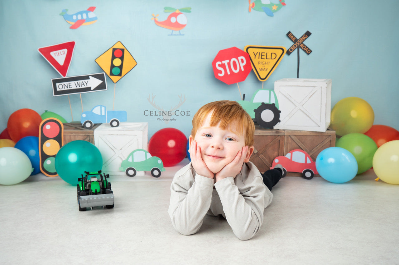 Kate Colorful Birthday Cars Trucks Airplanes Backdrop Designed by Melissa King -UK