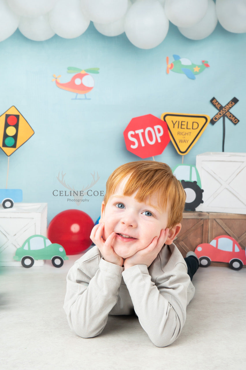 Kate Colorful Birthday Cars Trucks Airplanes Backdrop Designed by Melissa King -UK