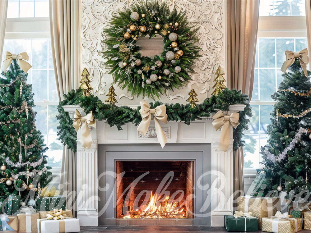Kate Christmas White Bow Wreath Fireplace Backdrop Designed by Mini MakeBelieve -UK