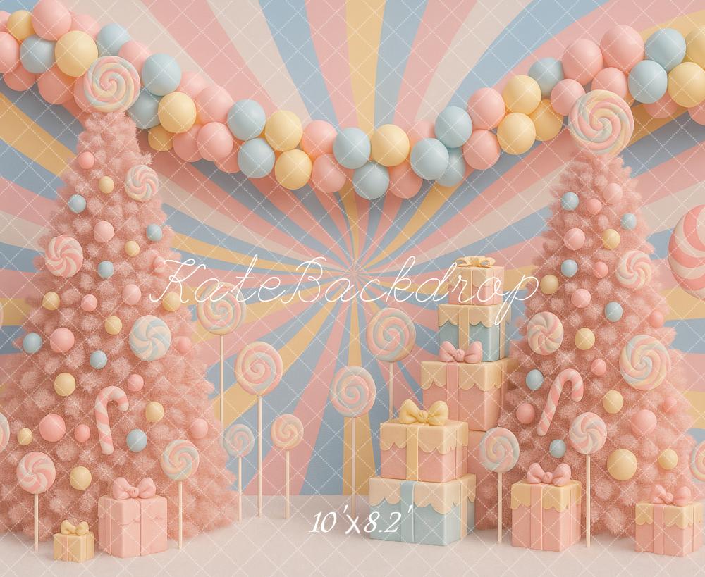 Kate Christmas Pastel Candy Trees Presents Backdrop Designed by Ashley Paul