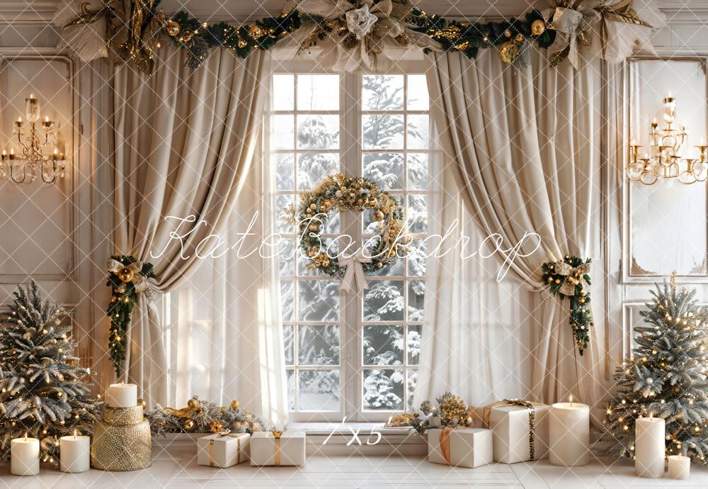Kate Christmas Beige Curtain White Window Backdrop Designed by Emetselch -UK