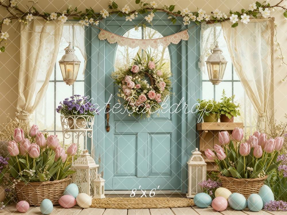 Kate Easter Pastel Eggs Blue Door Fleece Backdrop Designed by Emetselch -UK