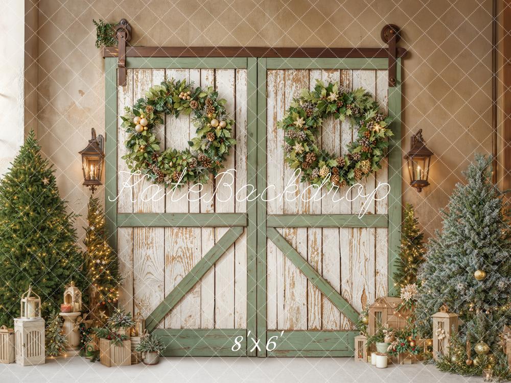 Kate Christmas Barn Door Wreath Trees Fleece Backdrop Designed by Emetselch -UK