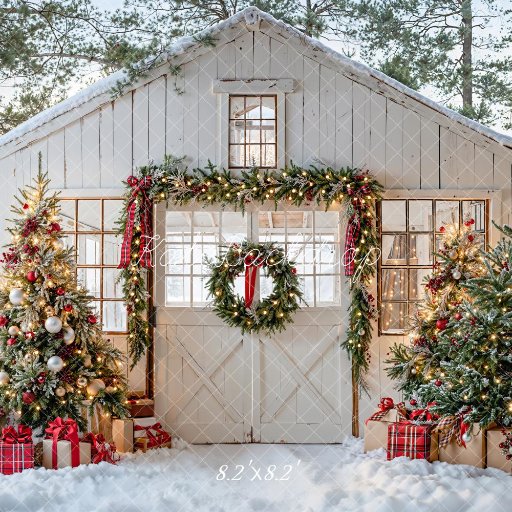 Kate Christmas Snow Cottage Trees Presents Backdrop Designed by Emetselch -UK