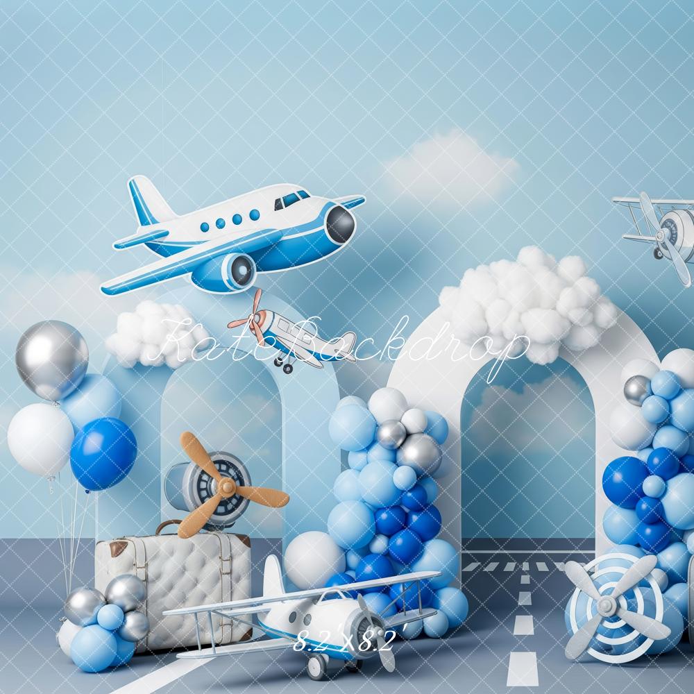 Kate Aeroplane Suitcases Control Tower Blue Balloons Backdrop Designed by Patty Robert -UK
