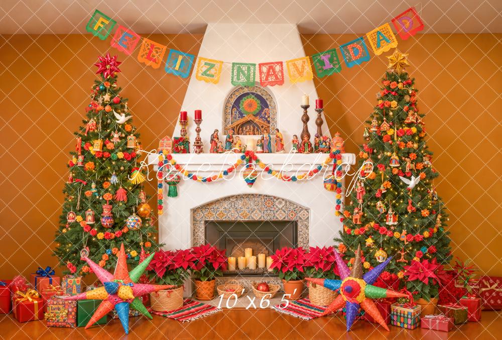Kate Christmas Fireplace Trees Piñatas Fleece Backdrop Designed by Emetselch -UK