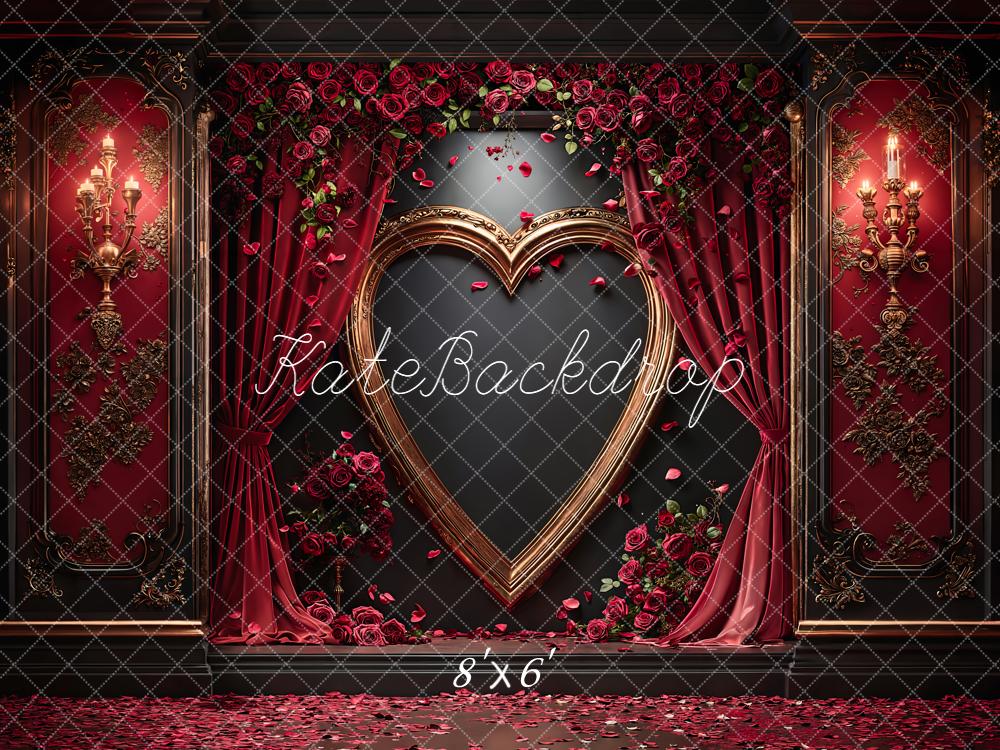 Kate Heart Frame Red Curtains Roses Fleece Backdrop Designed by Emetselch -UK