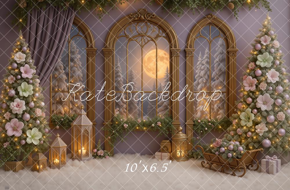 Kate Christmas Floral Trees Moonlit Window Backdrop Designed by Ashley Paul -UK