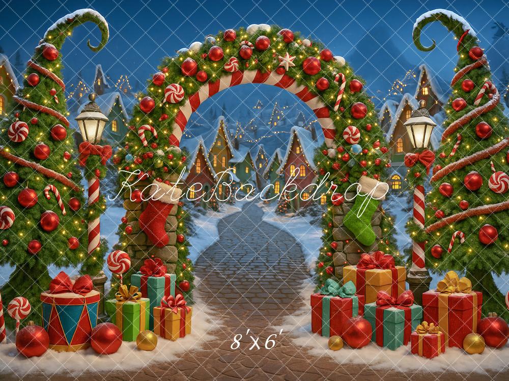 Kate Christmas Arch Candy Trees Presents Village Backdrop Designed by Ashley Paul