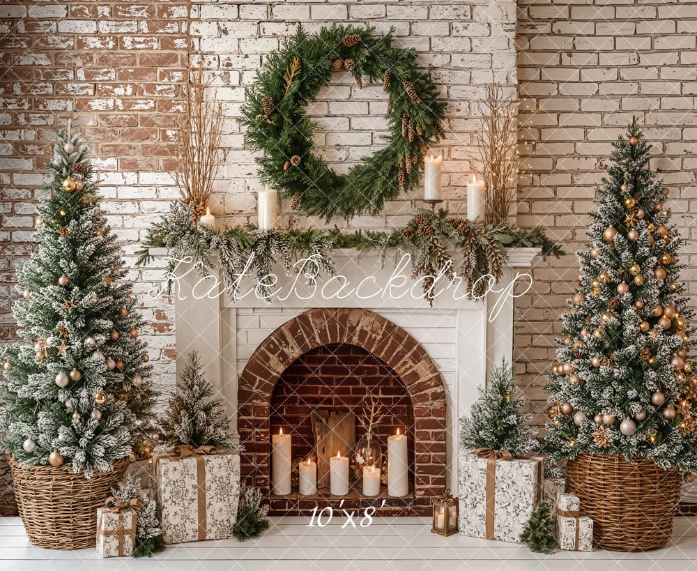 Kate Christmas Fireplace Wreath Gift Fleece Backdrop Designed by Emetselch