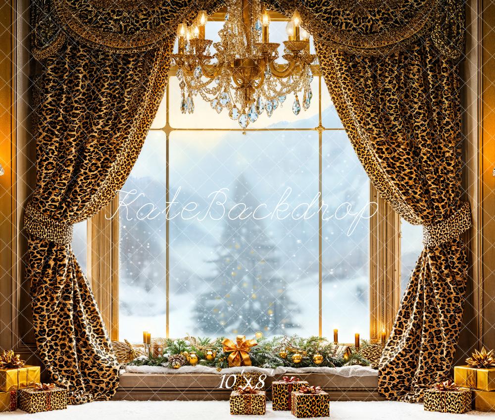 Kate Christmas Leopard Curtains Window Gifts Fleece Backdrop Designed by Emetselch -UK