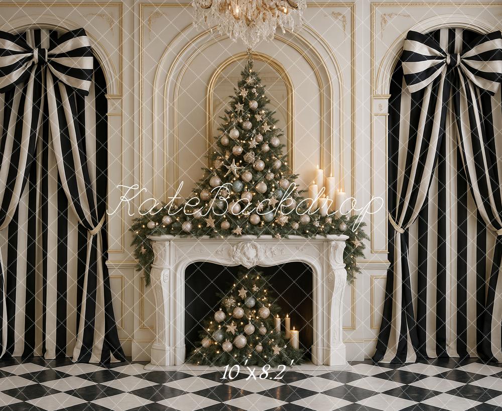 Kate Christmas Tree Fireplace Striped Bows Backdrop Designed by Ashley Paul