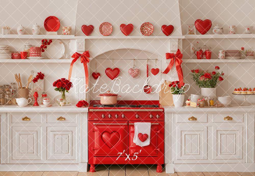 Kate Valentines Kitchen Red Stove Bows Hearts Backdrop Designed by Emetselch