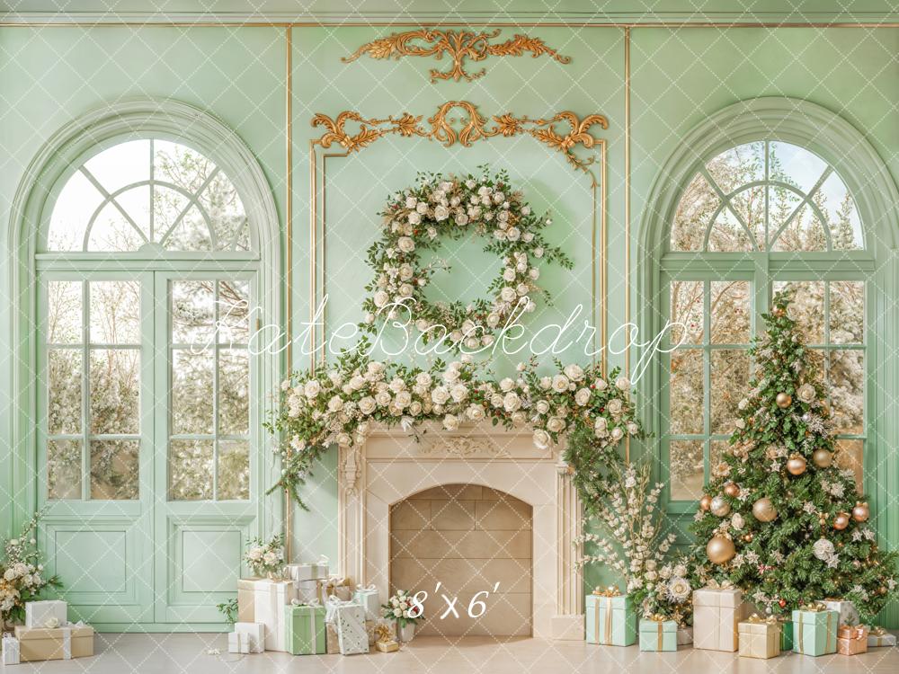 Kate Christmas Mint Fireplace Fleece Backdrop Designed by Emetselch -UK