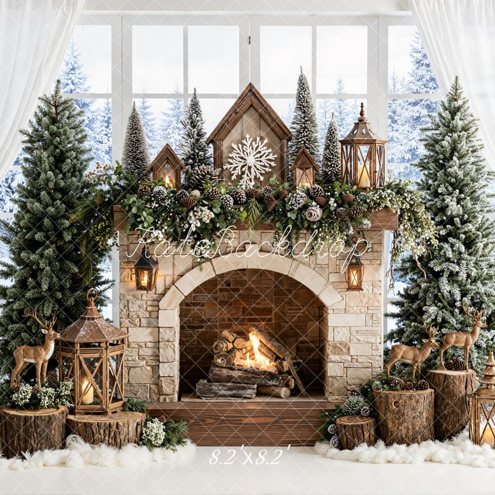 Kate Christmas Fireplace Trees Reindeer Backdrop Designed by Emetselch -UK