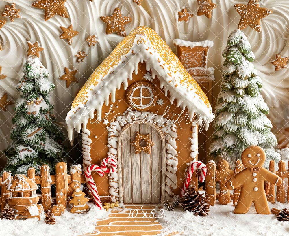 Kate Christmas Gingerbread House Snowy Trees Backdrop Designed by Emetselch