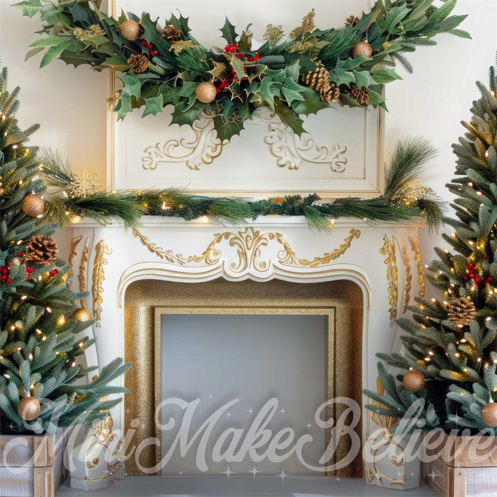 Kate Christmas Tree Golden White Fireplace Backdrop Designed by Mini MakeBelieve -UK