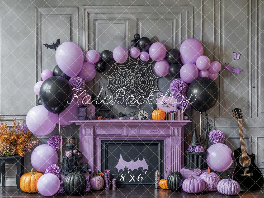 Kate Halloween Purple Balloons Spiderweb Fireplace Backdrop Designed by Emetselch -UK