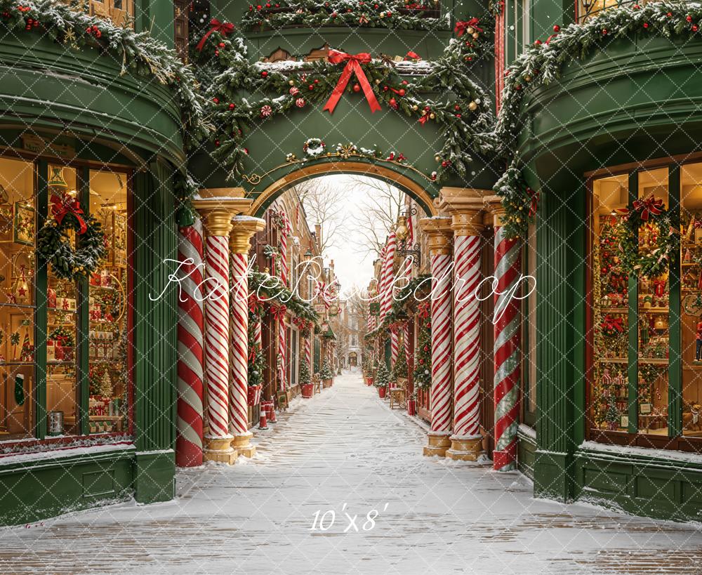Kate Christmas Arch Candy Cane Shopfronts Fleece Backdrop Designed by Emetselch -UK