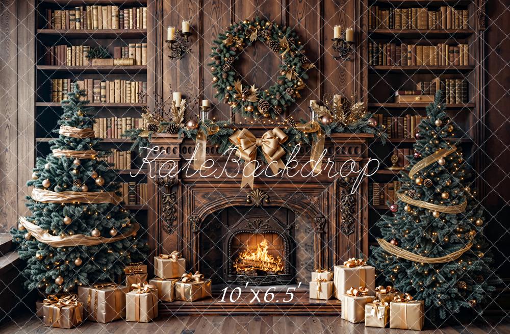 Kate Christmas Fireplace Bookshelves Trees Backdrop Designed by Emetselch