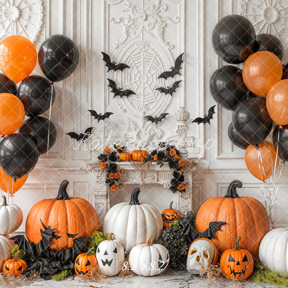 Kate Halloween Pumpkins Balloons Bats Backdrop Designed by Emetselch -UK
