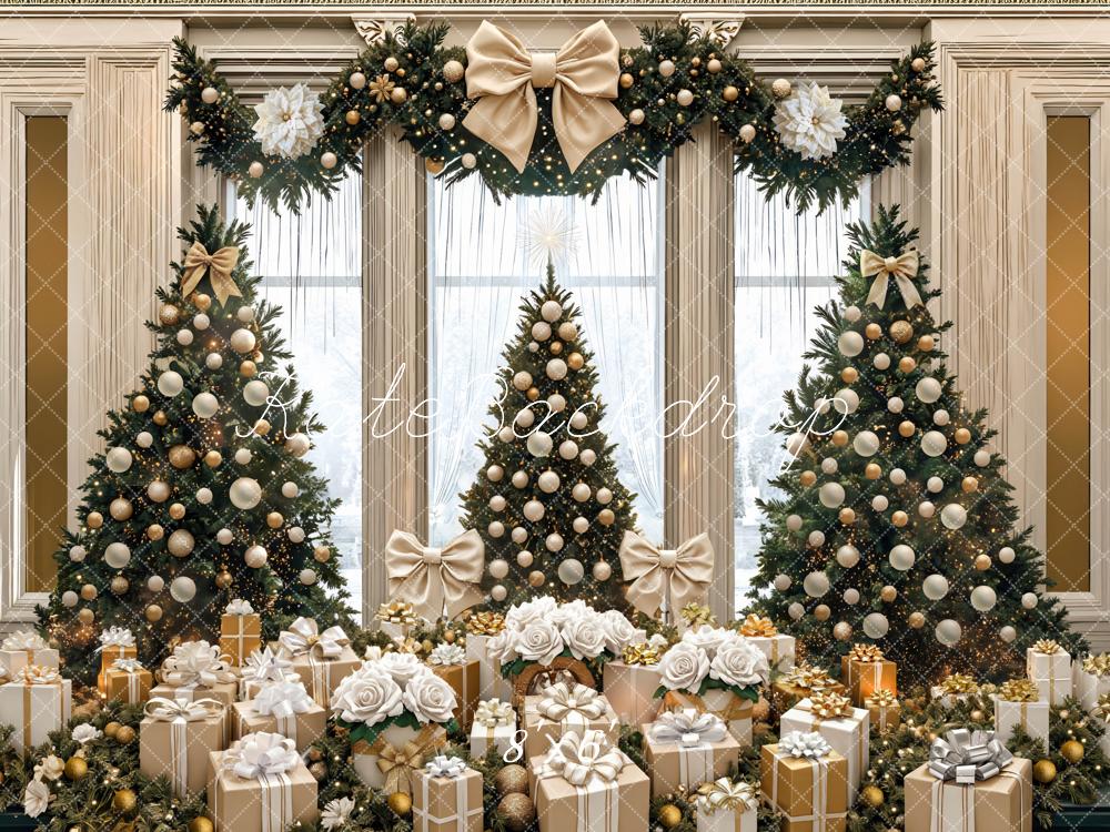 Kate Christmas Trees Gold Bows Gifts Backdrop Designed by Mini MakeBelieve