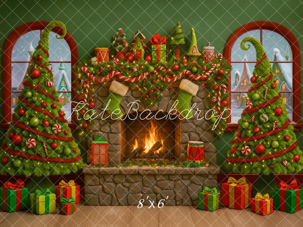 Kate Christmas Fireplace Curved Trees Presents Backdrop Designed by Ashley Paul
