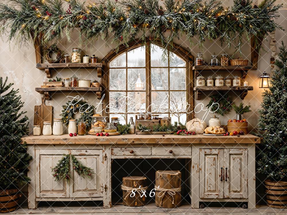 Kate Christmas Kitchen Rustic Window Garland Backdrop Designed by Emetselch -UK