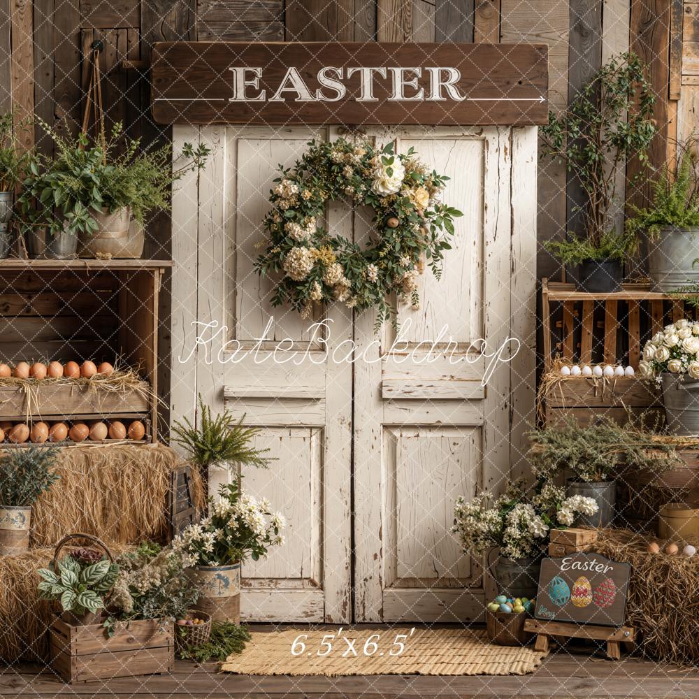 On Sale Kate Easter Rustic Door Hay Eggs Backdrop Designed by Emetselch