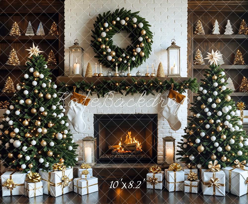 Kate Christmas Tree White Fireplace Gift Boxes Backdrop Designed by Mini MakeBelieve
