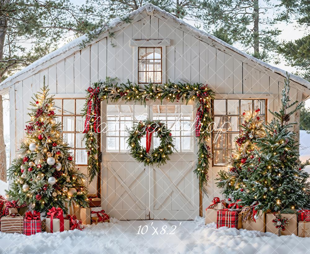 Kate Christmas Snow Cottage Trees Presents Backdrop Designed by Emetselch -UK