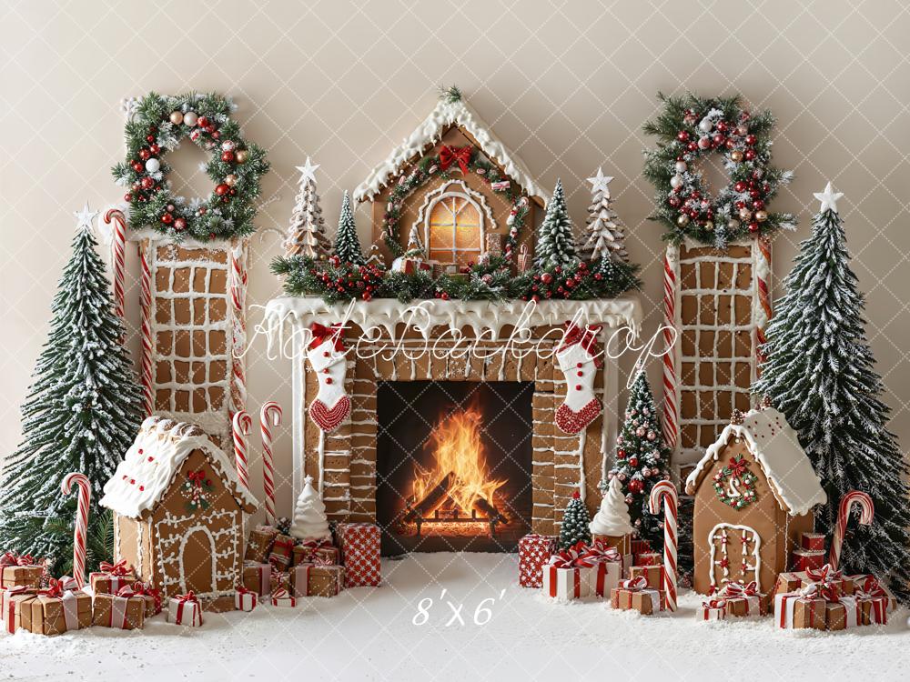 Kate Christmas Gingerbread Fireplace Wreath Trees Backdrop Designed by Emetselch