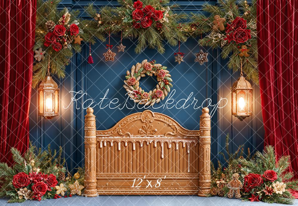 Kate Christmas Gingerbread Headboard Lanterns Fleece Backdrop Designed by Emetselch