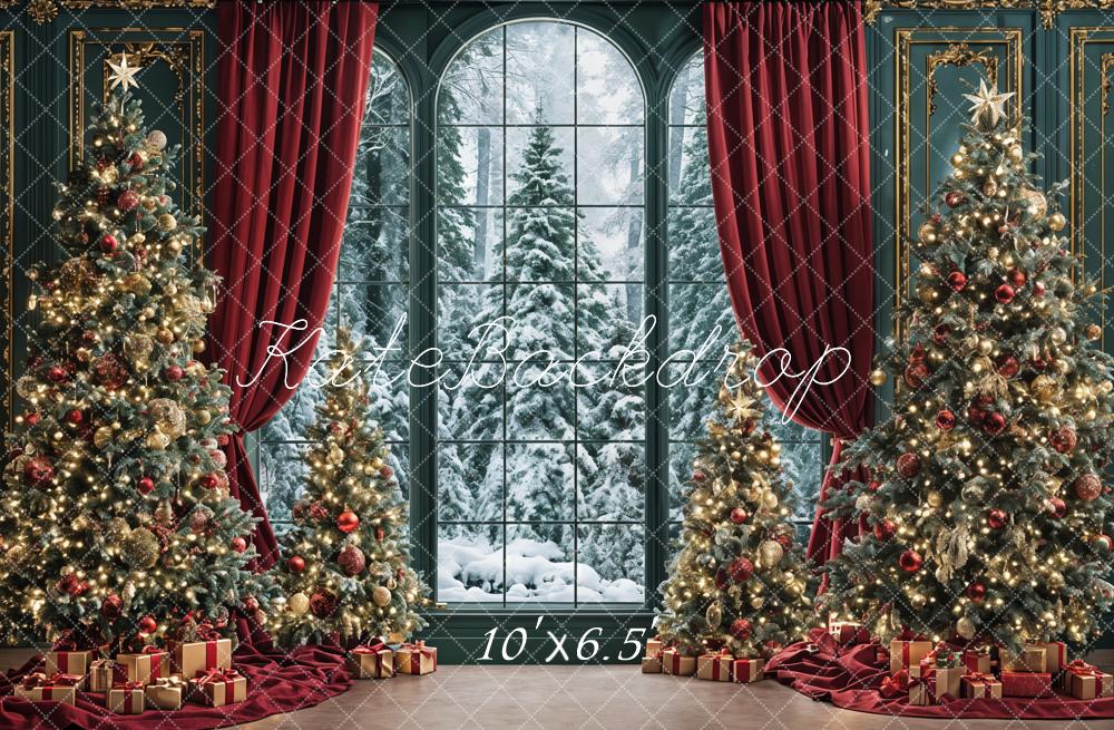 Kate Christmas Trees Window Red Curtains Backdrop Designed by Ashley Paul