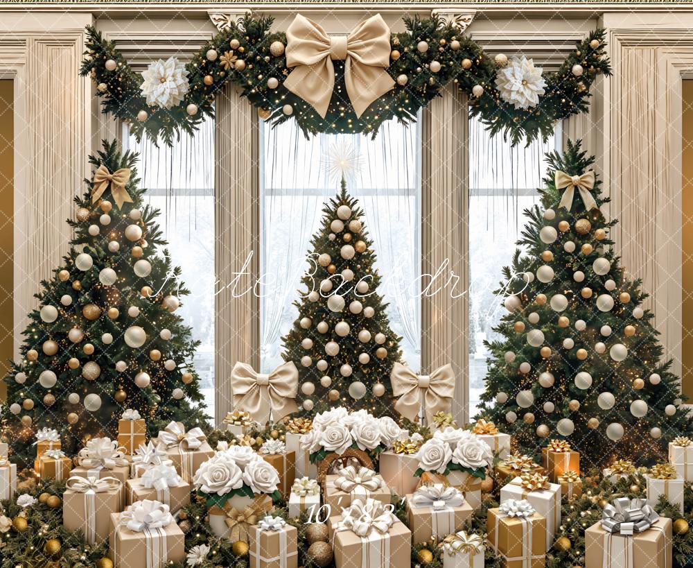 Kate Christmas Trees Gold Bows Gifts Backdrop Designed by Mini MakeBelieve