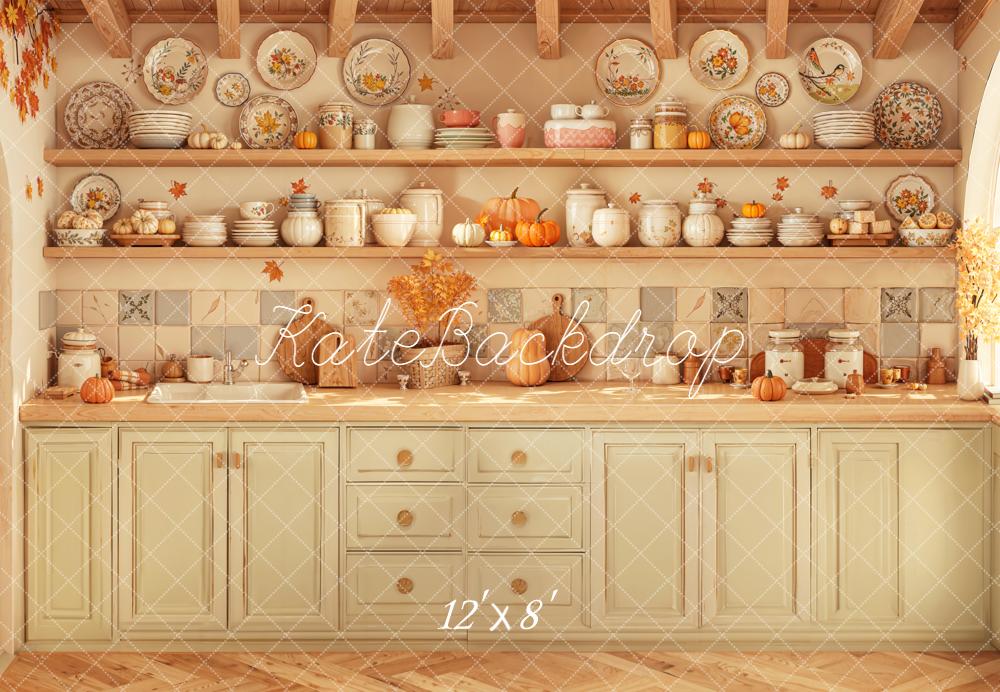 Kate Autumn Kitchen Shelves Pumpkins Backdrop Designed by Emetselch