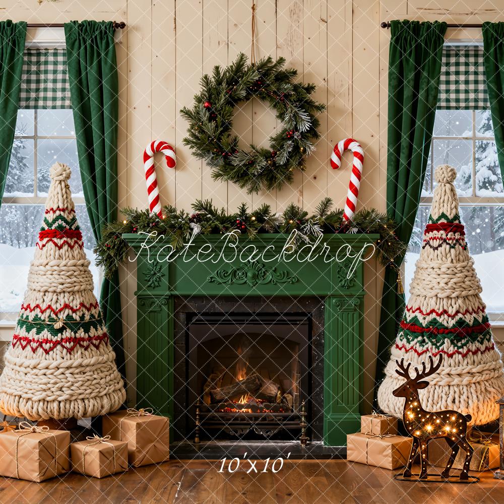 Kate Christmas Fireplace Yarn Trees Presents Backdrop Designed by Emetselch -UK